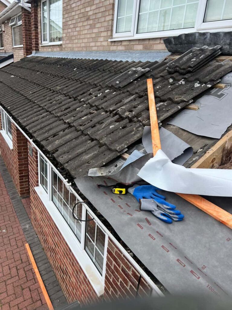 This is a photo of a pitched roof which is being repaired. The existing roof was leaking badly. Works carried out by Gamston Roofing Repairs